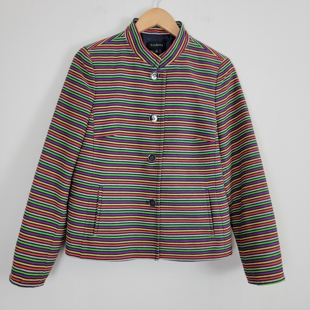 Talbots Rainbow Striped Blazer‎ Jacket size 10 Button Front Colorful Fall Preppy